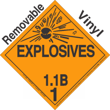 Explosive Class 1.1B NA or UN0029 Removable Vinyl DOT Placard