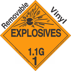 Explosive Class 1.1G NA or UN0196 Removable Vinyl DOT Placard