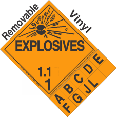 Explosive Class 1.1 NA or UN0394 Tabbed Removable Vinyl DOT Placard